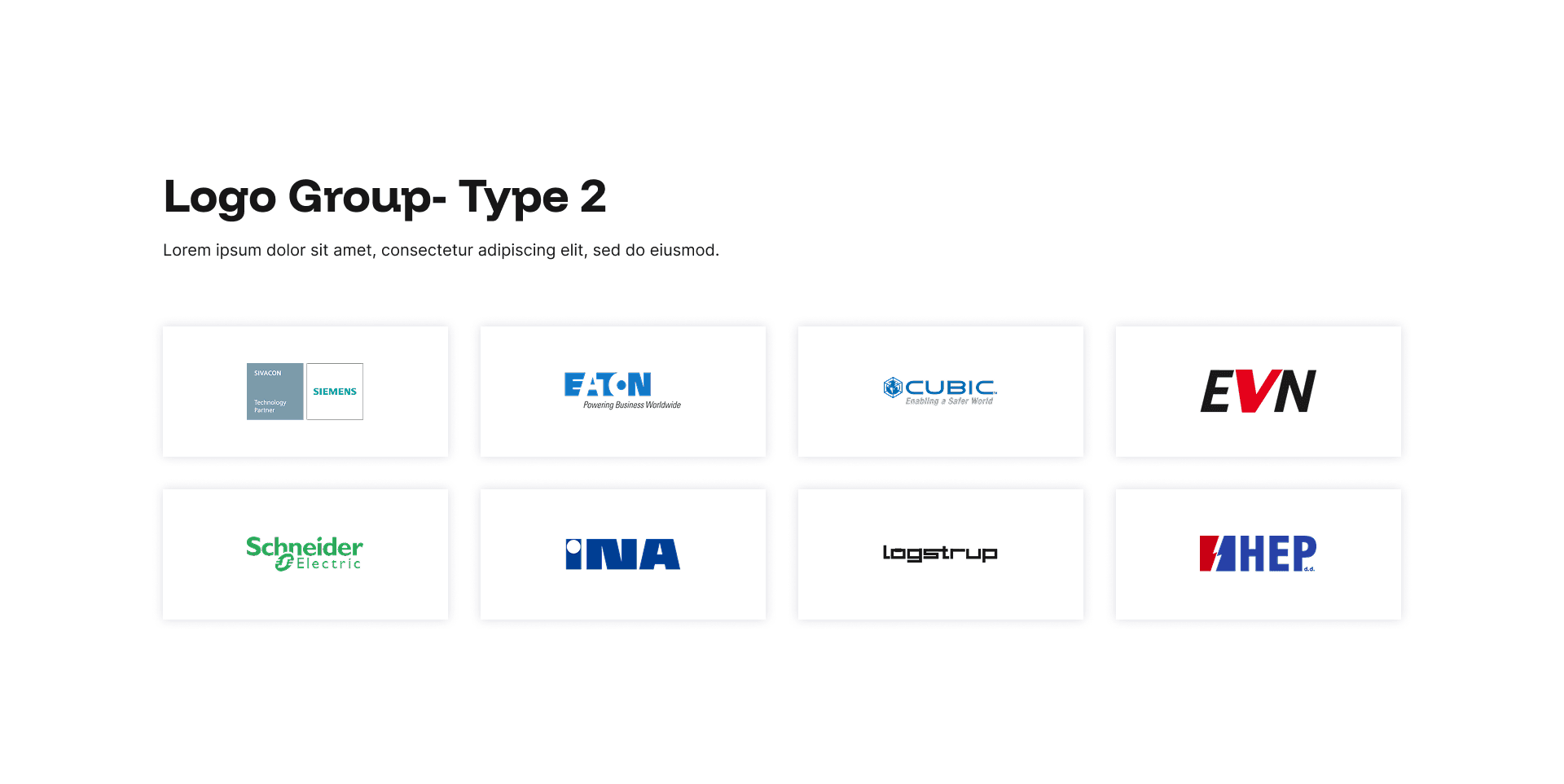 "Logo Group - Type 2" example page: grid of eight partner company logos