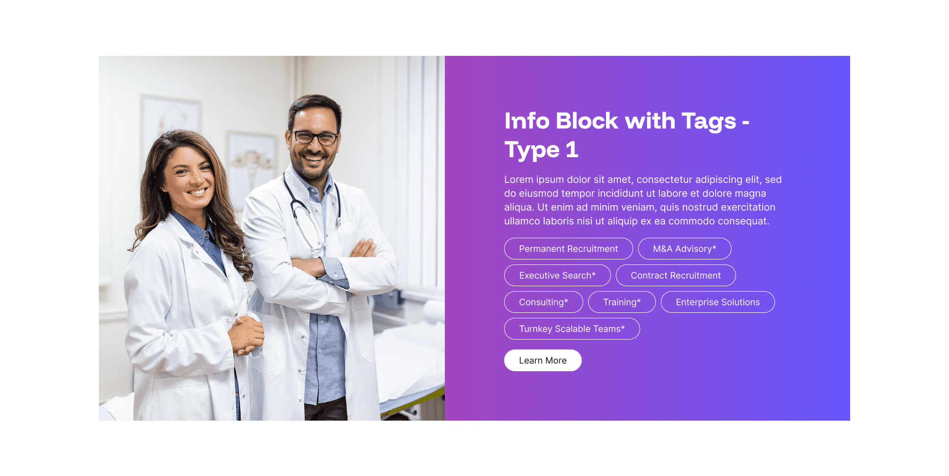 "Info Block with Tags - Type 1" example page: doctors photo beside a gradient panel with recruitment service tags