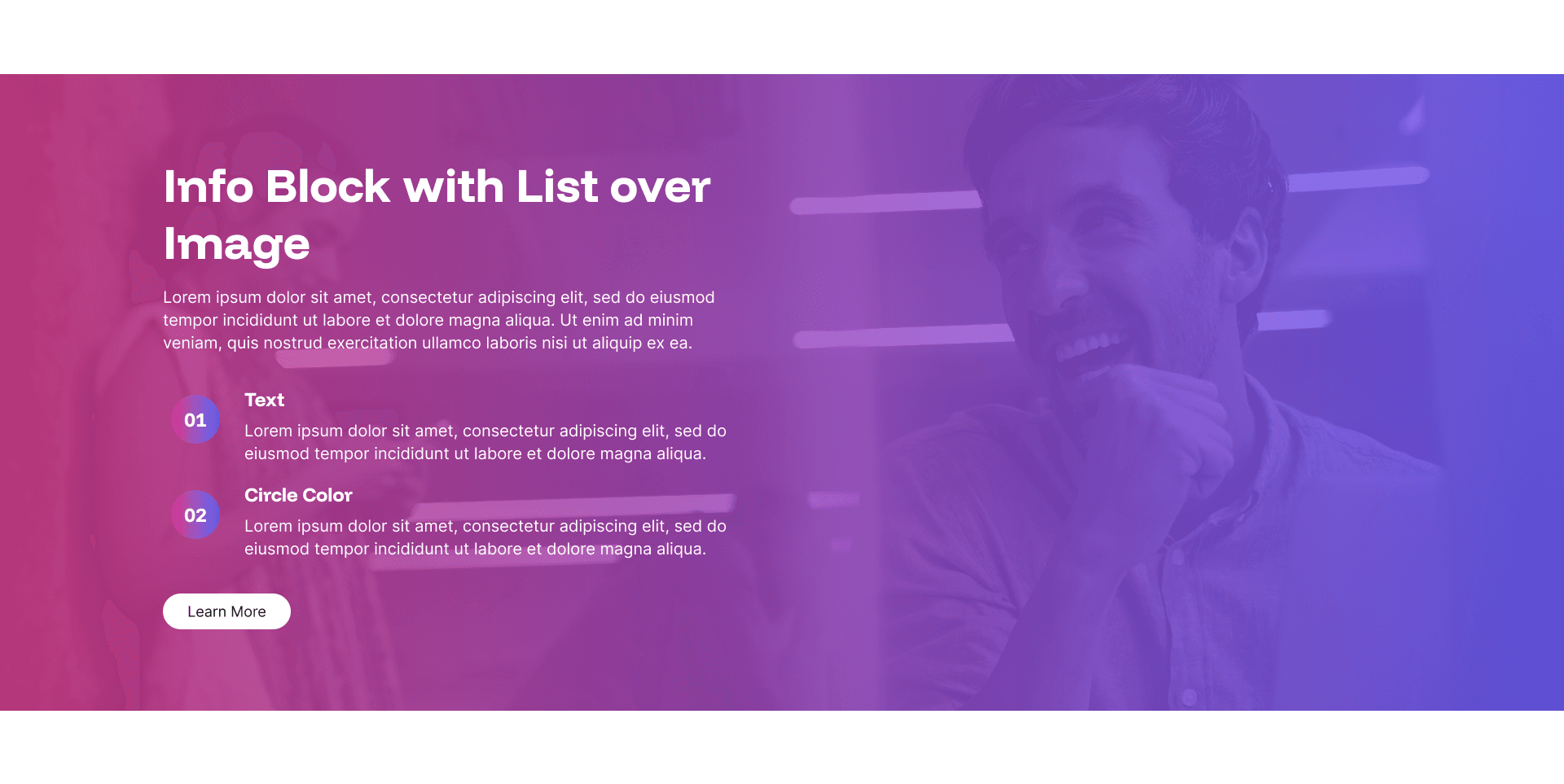 "Info Block with List over Image" example page: numbered list over a purple-tinted photo of a laughing man