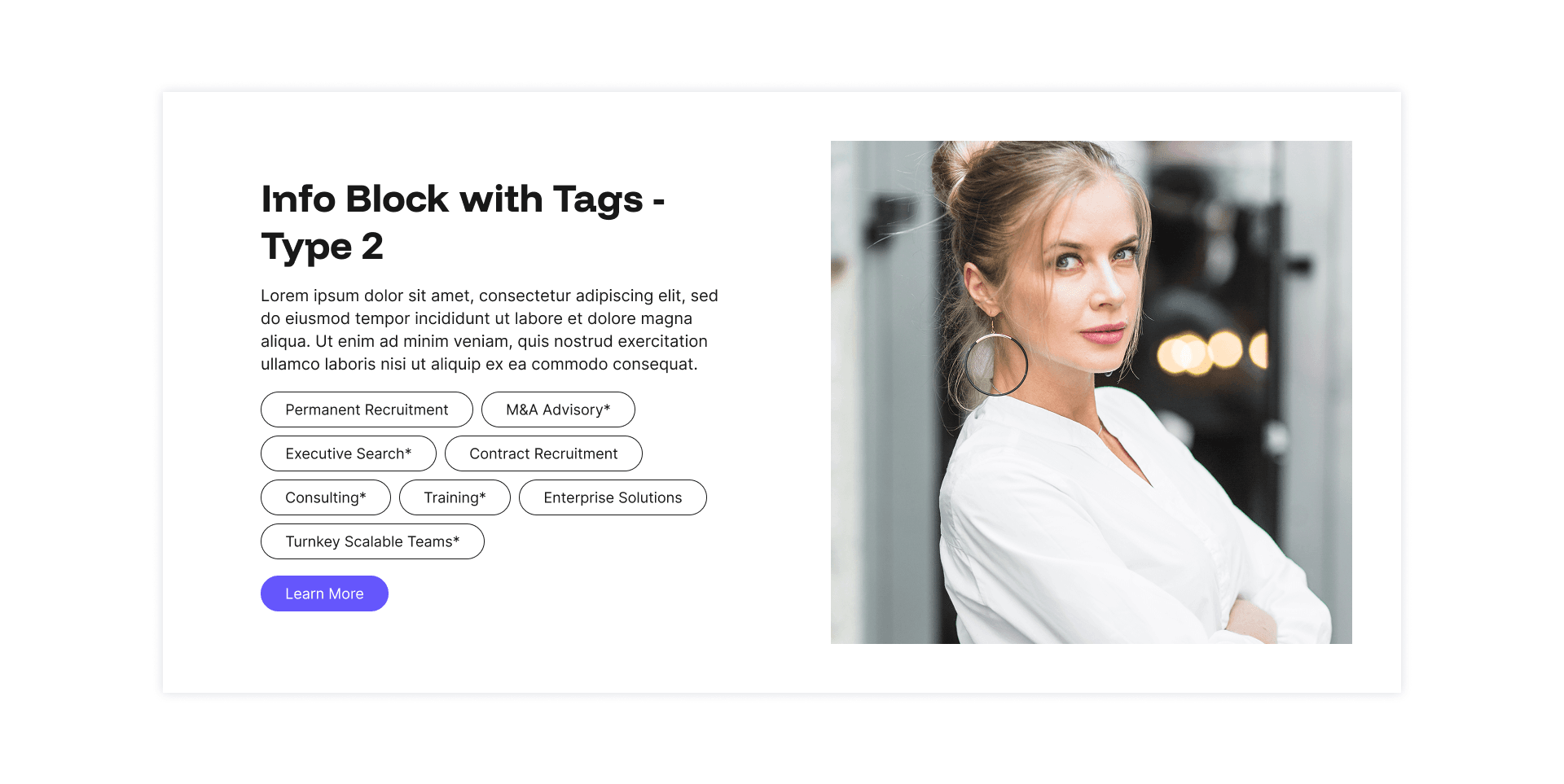 "Info Block with Tags - Type 2" example page: recruitment service tags beside a portrait photo