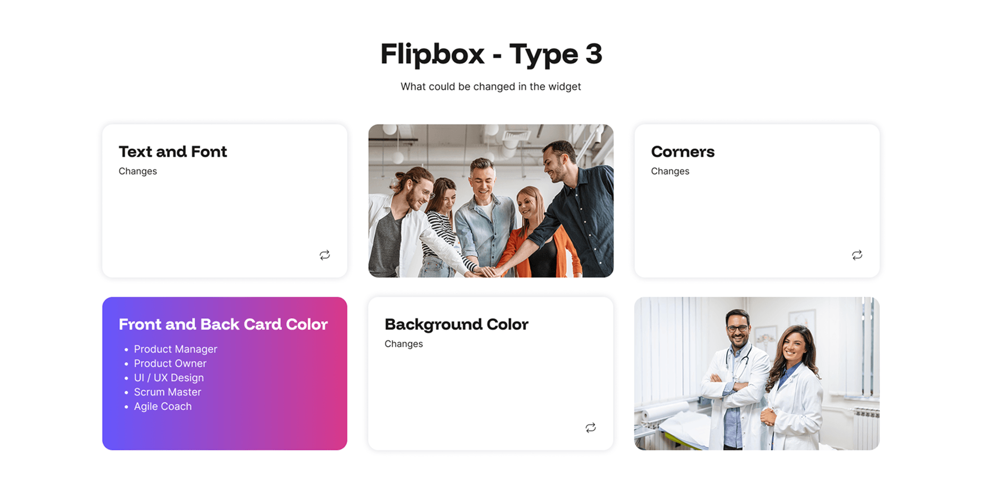 "Flipbox - Type 3" example page: text cards surrounding photos of a team huddle and doctors