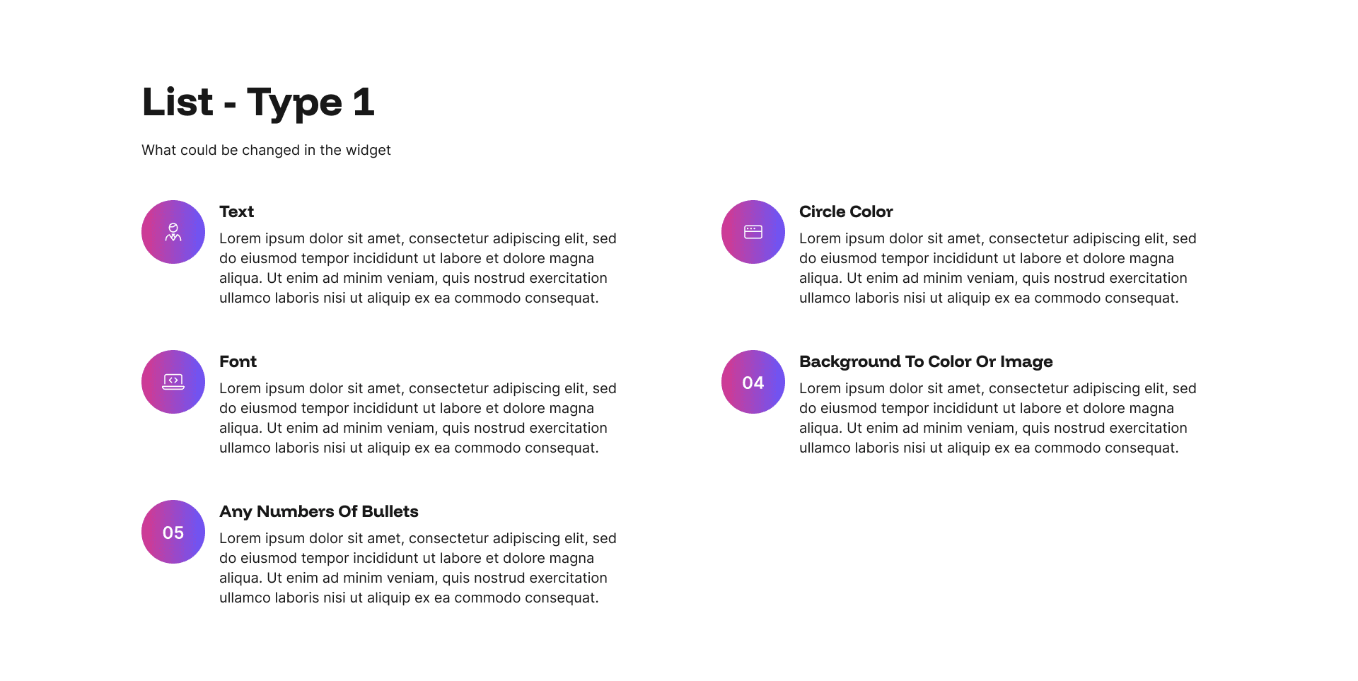 "List - Type 1" example page: two-column list with circular gradient icons