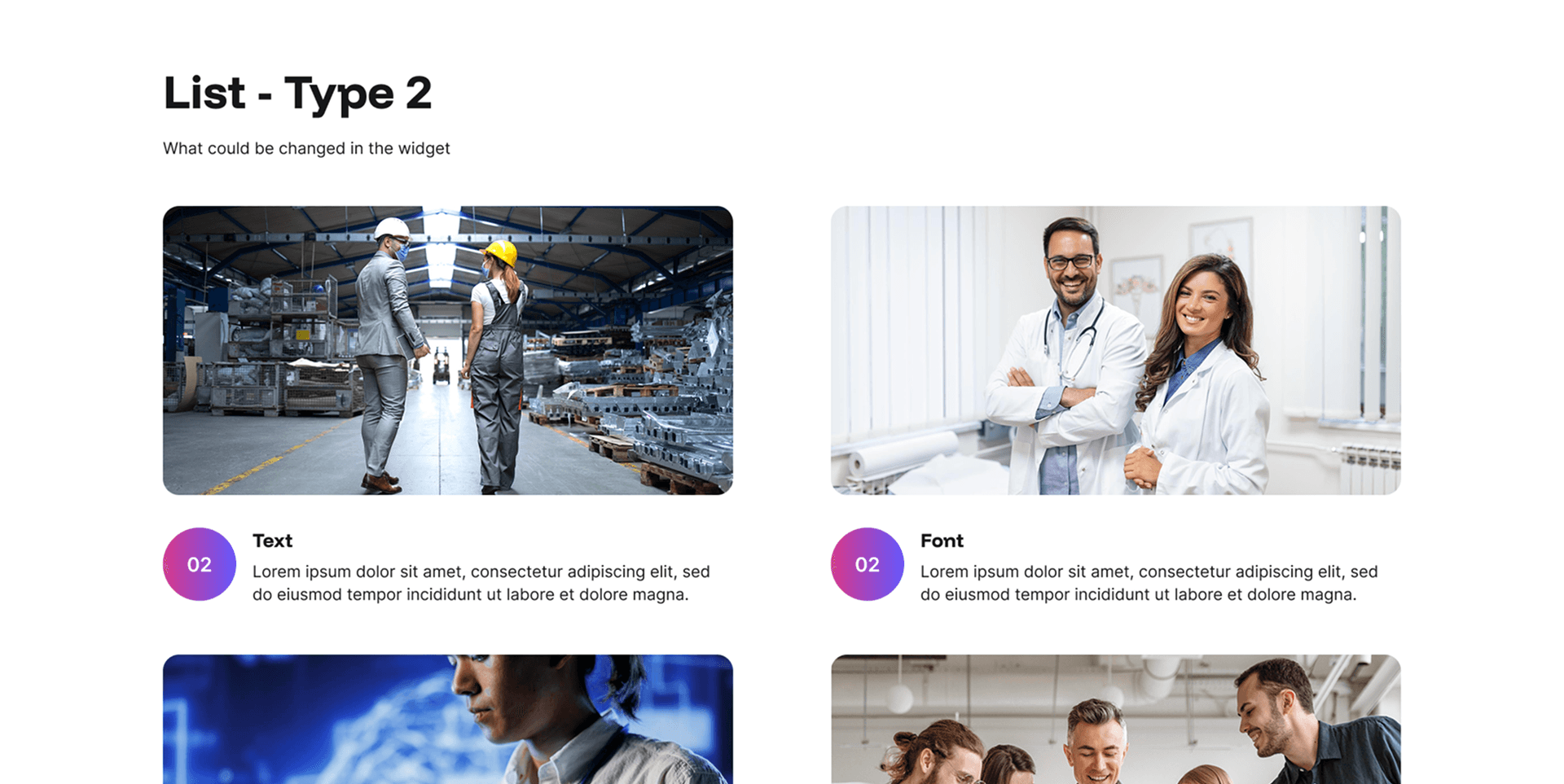 "List - Type 2" example page: numbered list items paired with warehouse and doctors photos