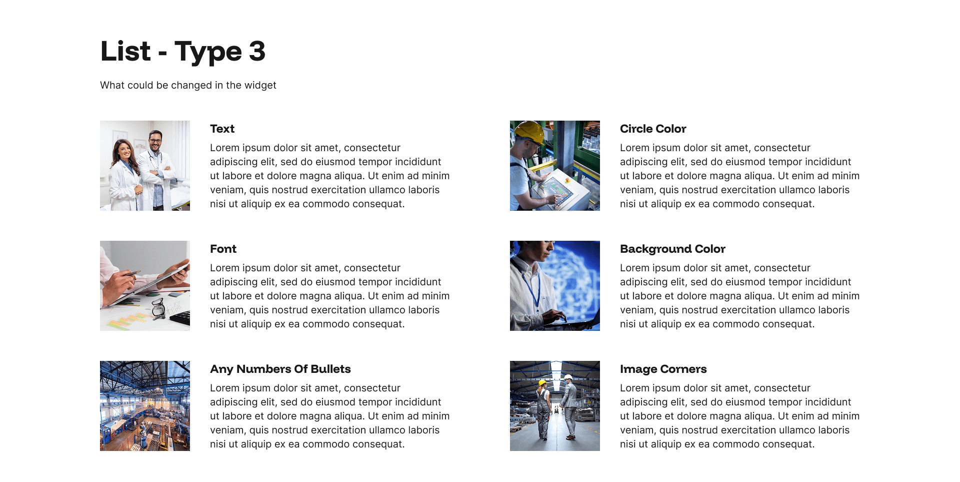 "List - Type 3" example page: six-item grid pairing small photos with list text