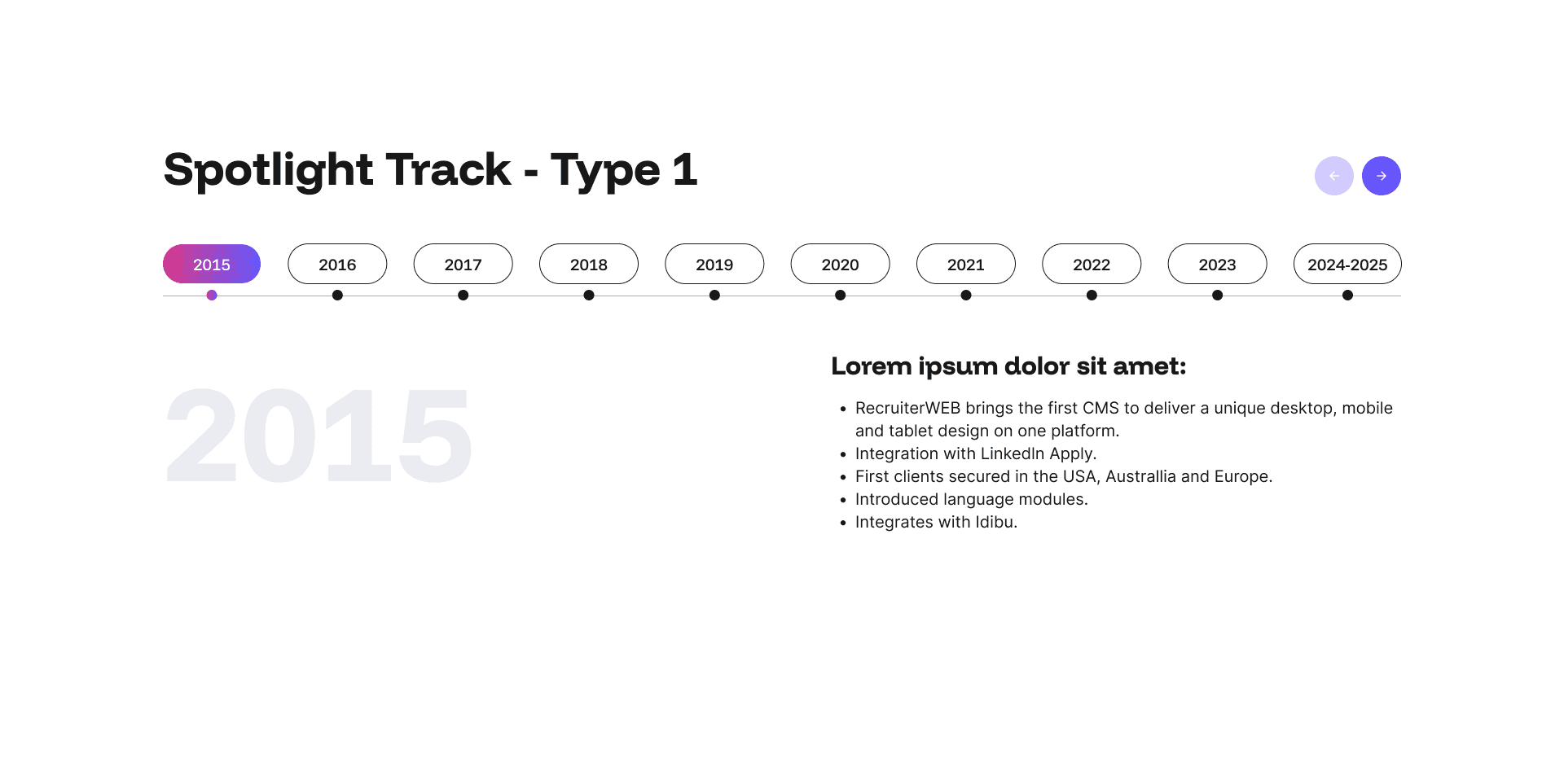 "Spotlight Track - Type 1" example page: year tab timeline from 2015 to 2025 with bullet list