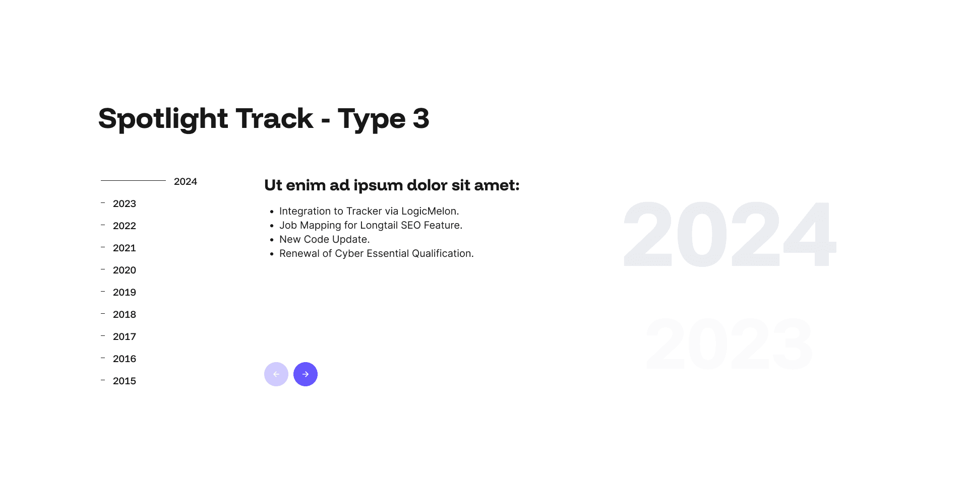 "Spotlight Track - Type 3" example page: vertical year list timeline with large background year numerals