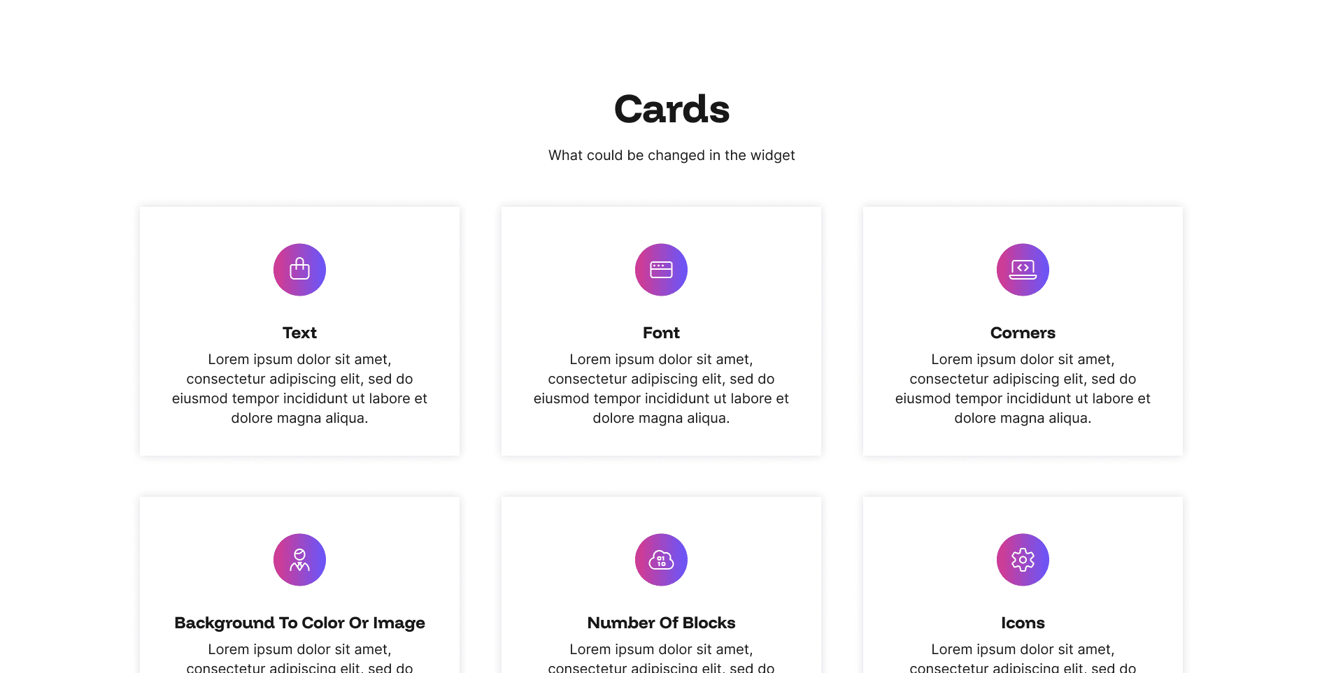 "Cards" widget example page: 3x2 grid of icon cards with title and description text