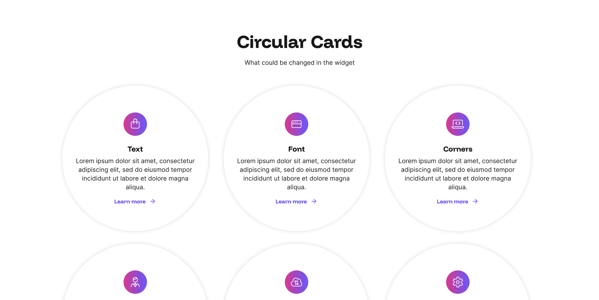 "Circular Cards" widget example page: grid of circular cards with icon, title, and Learn more link