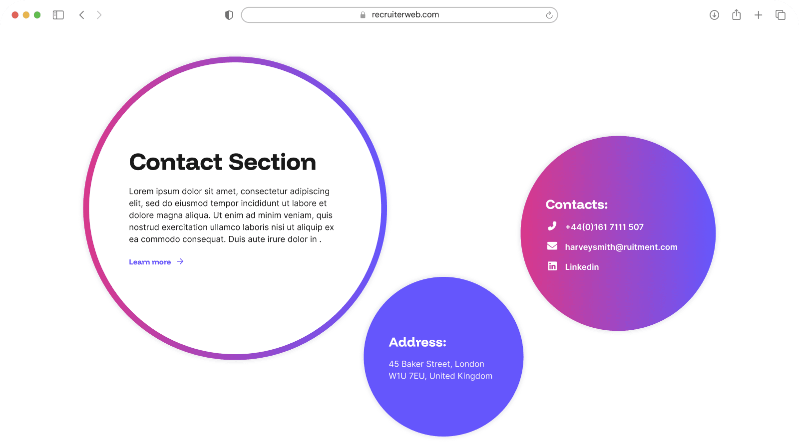 "Info Section in Circles" widget shown in a browser mockup, white color theme