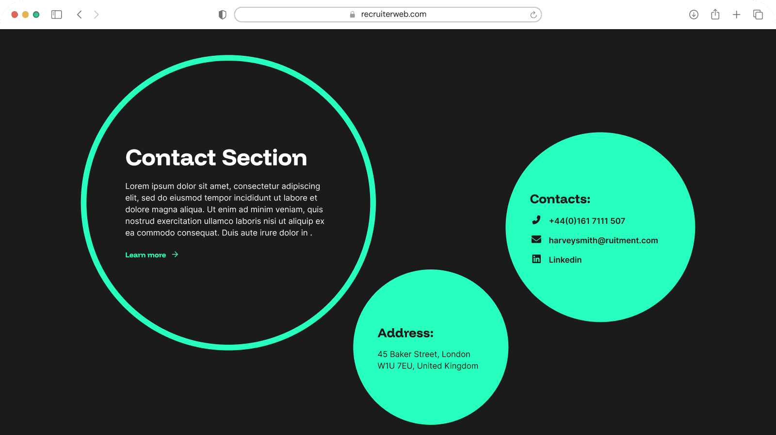 "Info Section in Circles" widget shown in a browser mockup, dark teal color theme