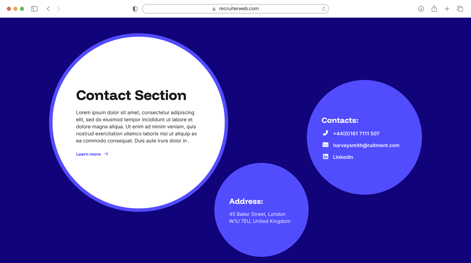 "Info Section in Circles" widget shown in a browser mockup, indigo color theme