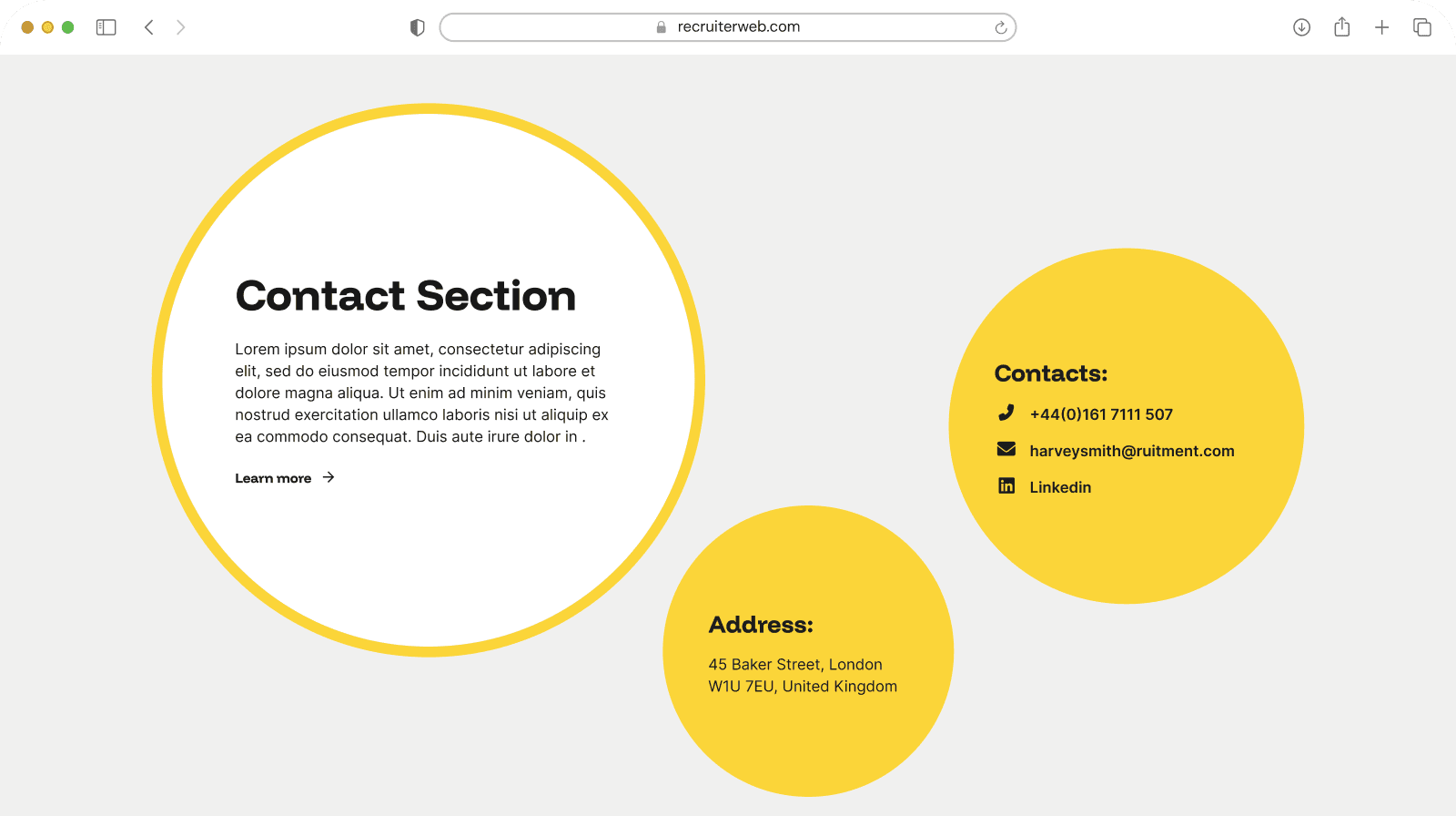 "Info Section in Circles" widget shown in a browser mockup, yellow color theme