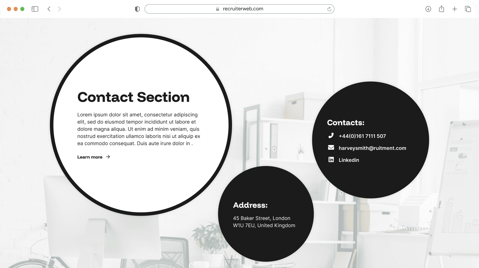 "Info Section in Circles" widget shown in a browser mockup over an office photo background