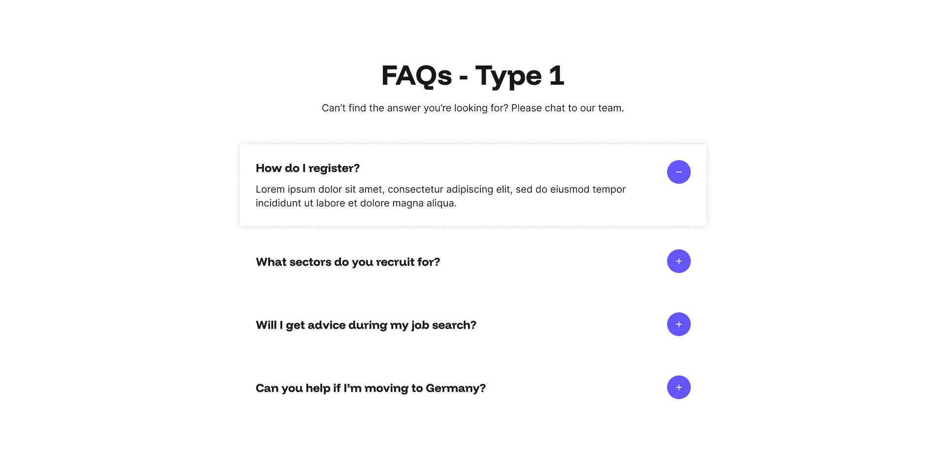 "FAQs - Type 1" example page: single-column accordion with one question expanded