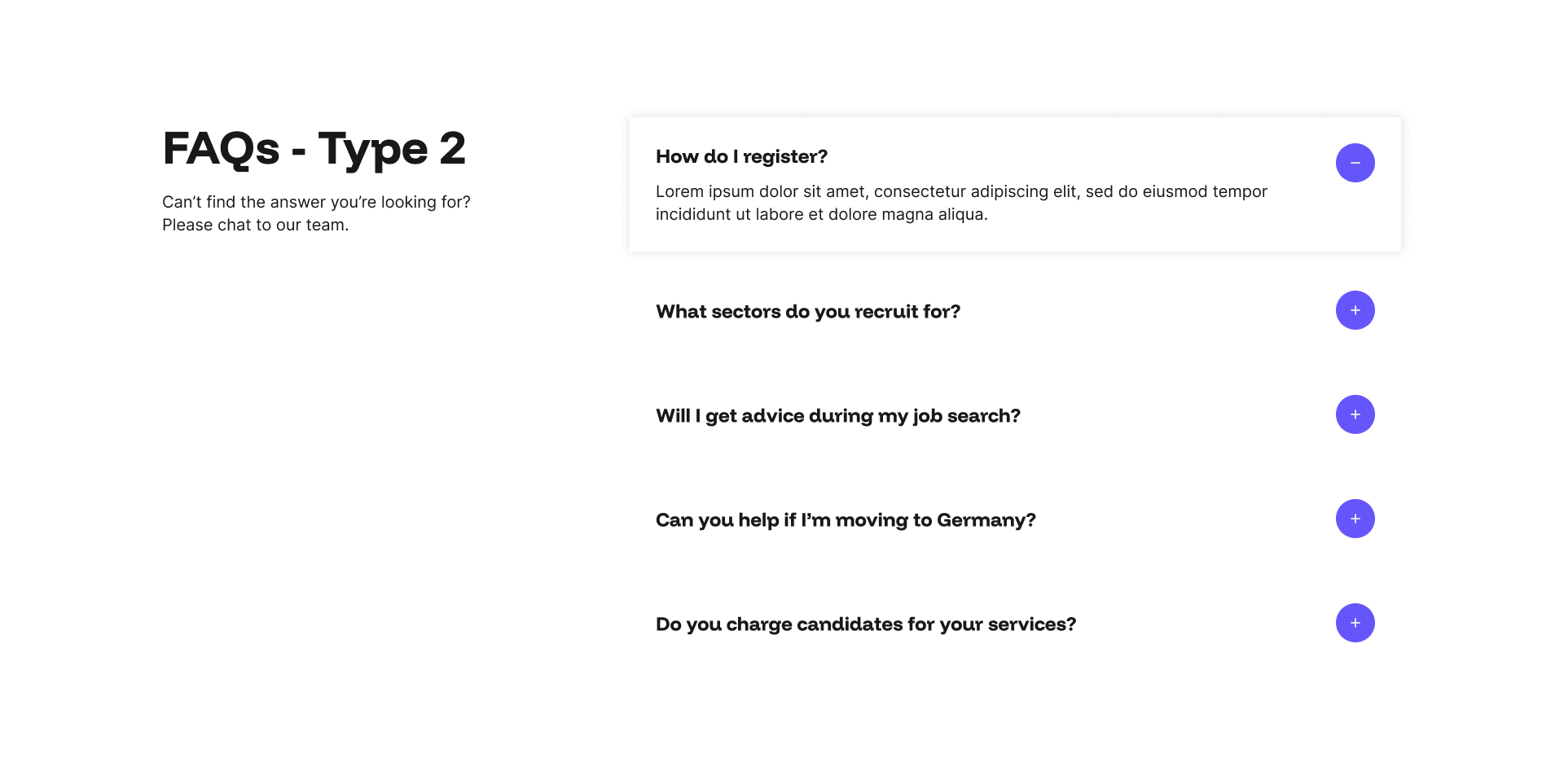 "FAQs - Type 2" example page: two-column layout with an accordion list of questions