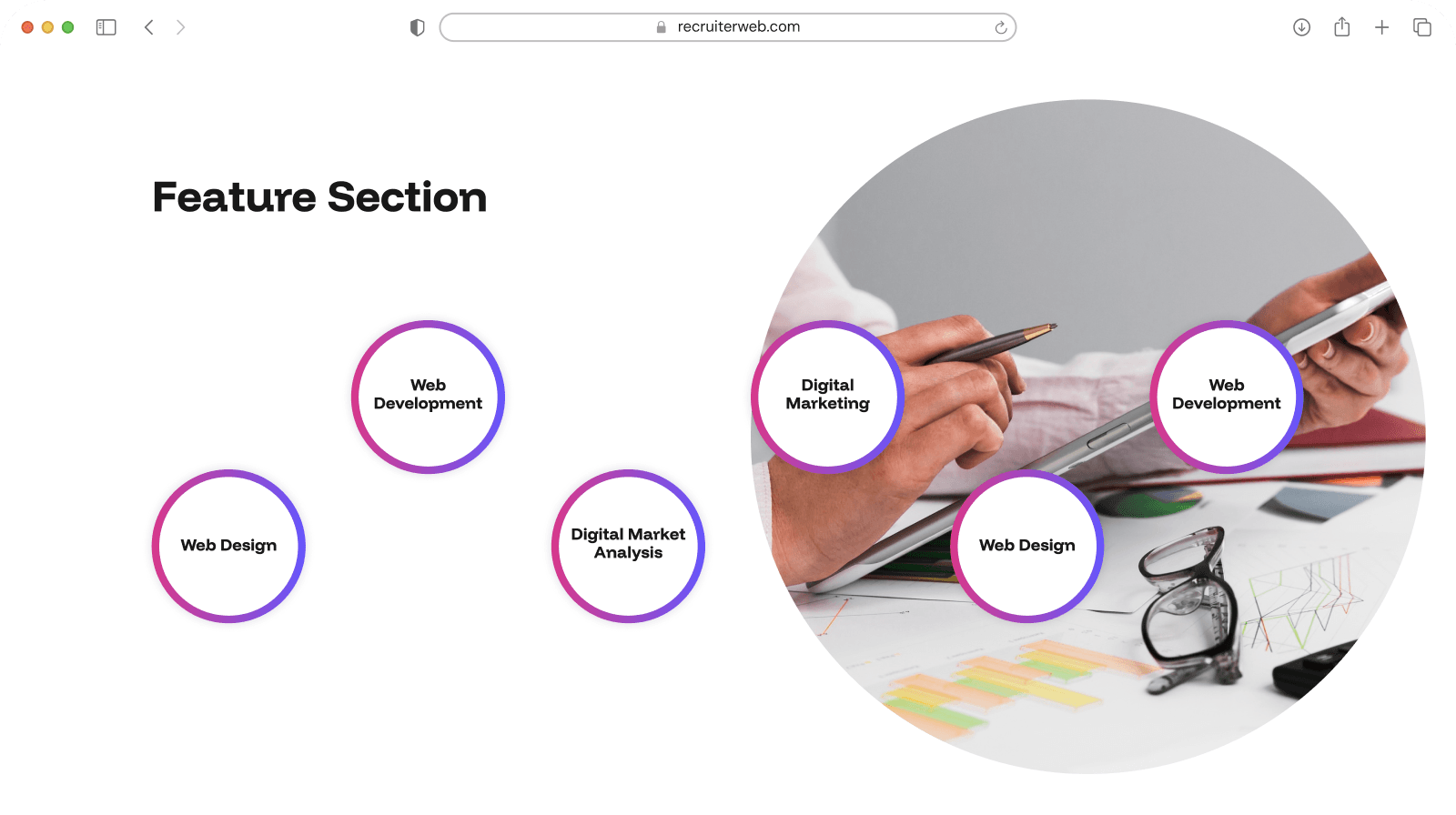 "Feature Section" widget shown in a browser mockup, white and purple color theme