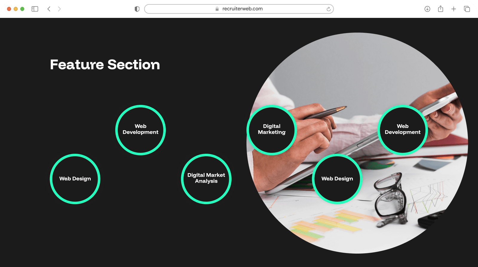 "Feature Section" widget shown in a browser mockup, dark teal color theme