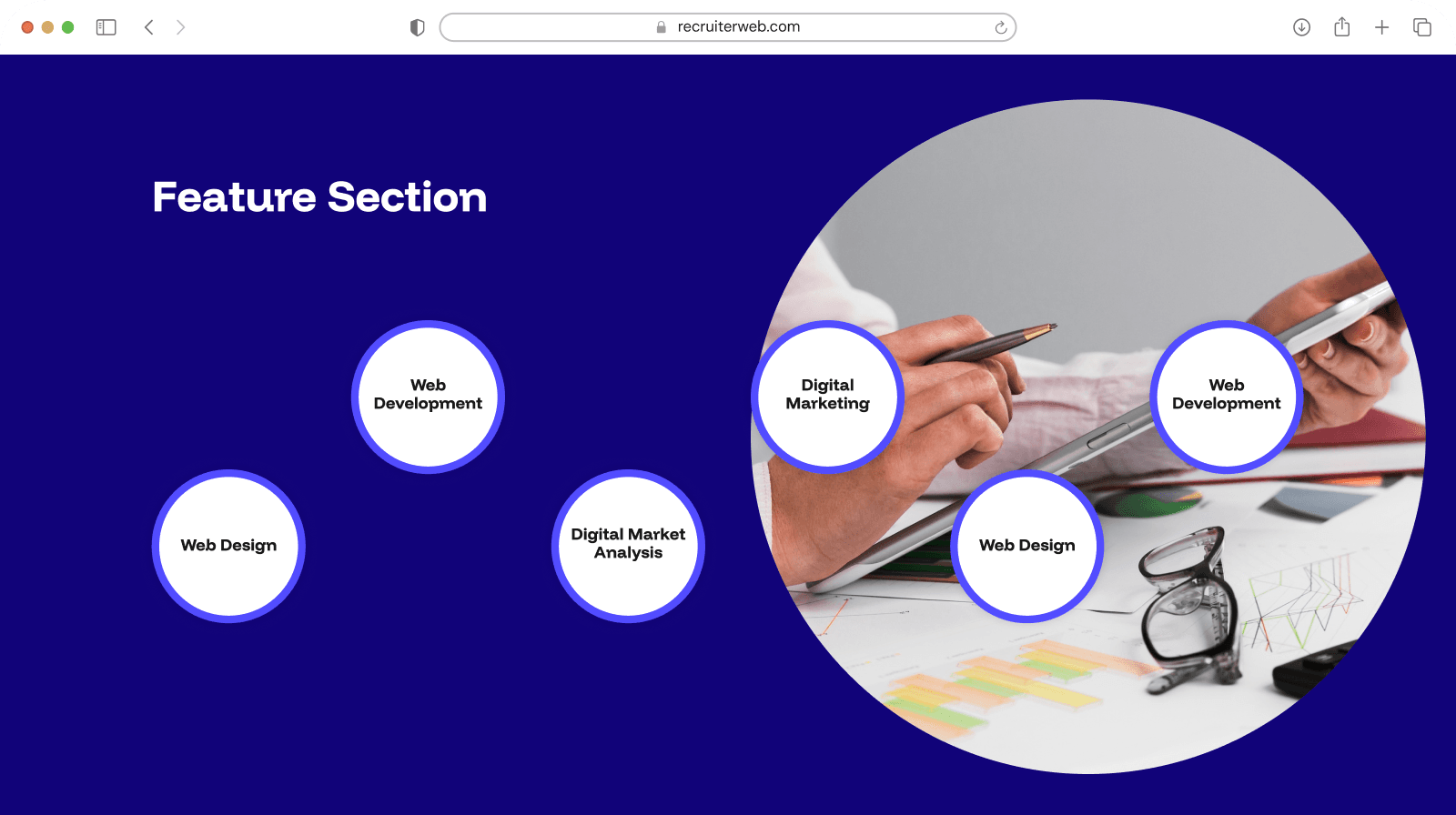 "Feature Section" widget shown in a browser mockup, indigo color theme