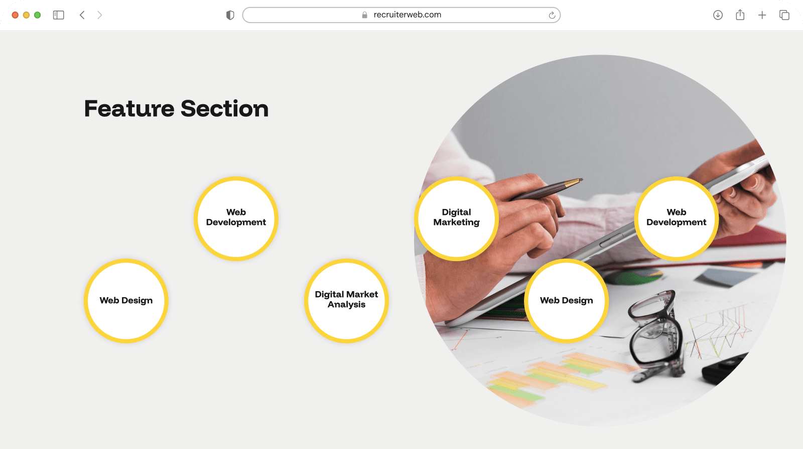 "Feature Section" widget shown in a browser mockup, yellow color theme