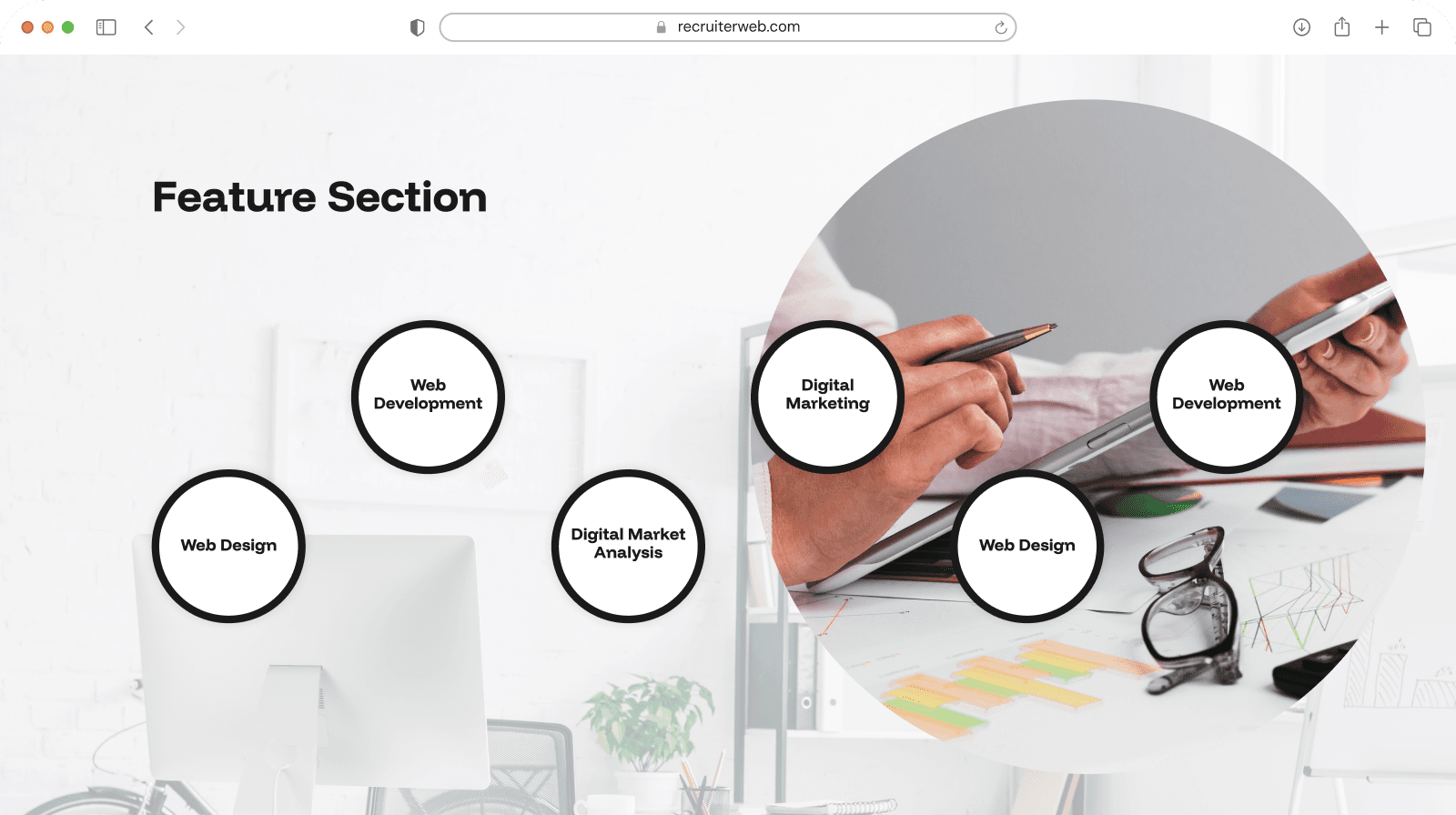 "Feature Section" widget shown in a browser mockup over an office photo background
