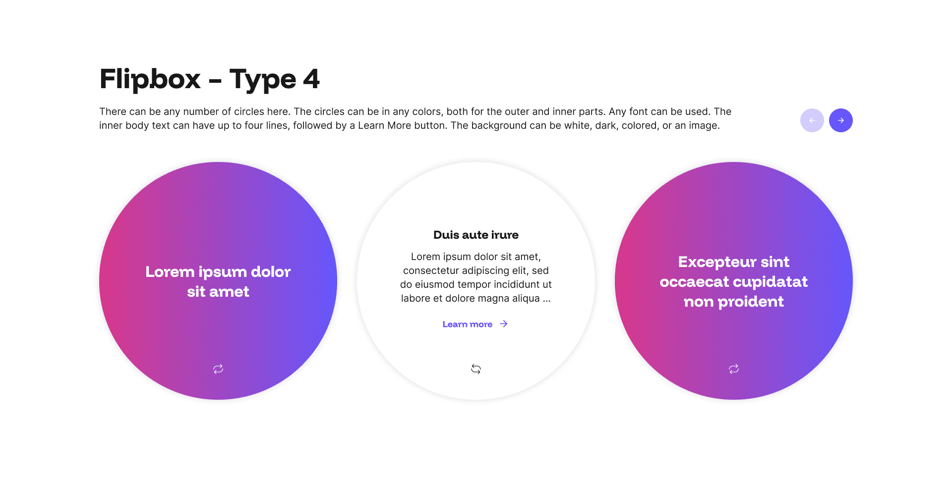 "Flipbox - Type 4" example page: three large circles, one flipped to show back-side text