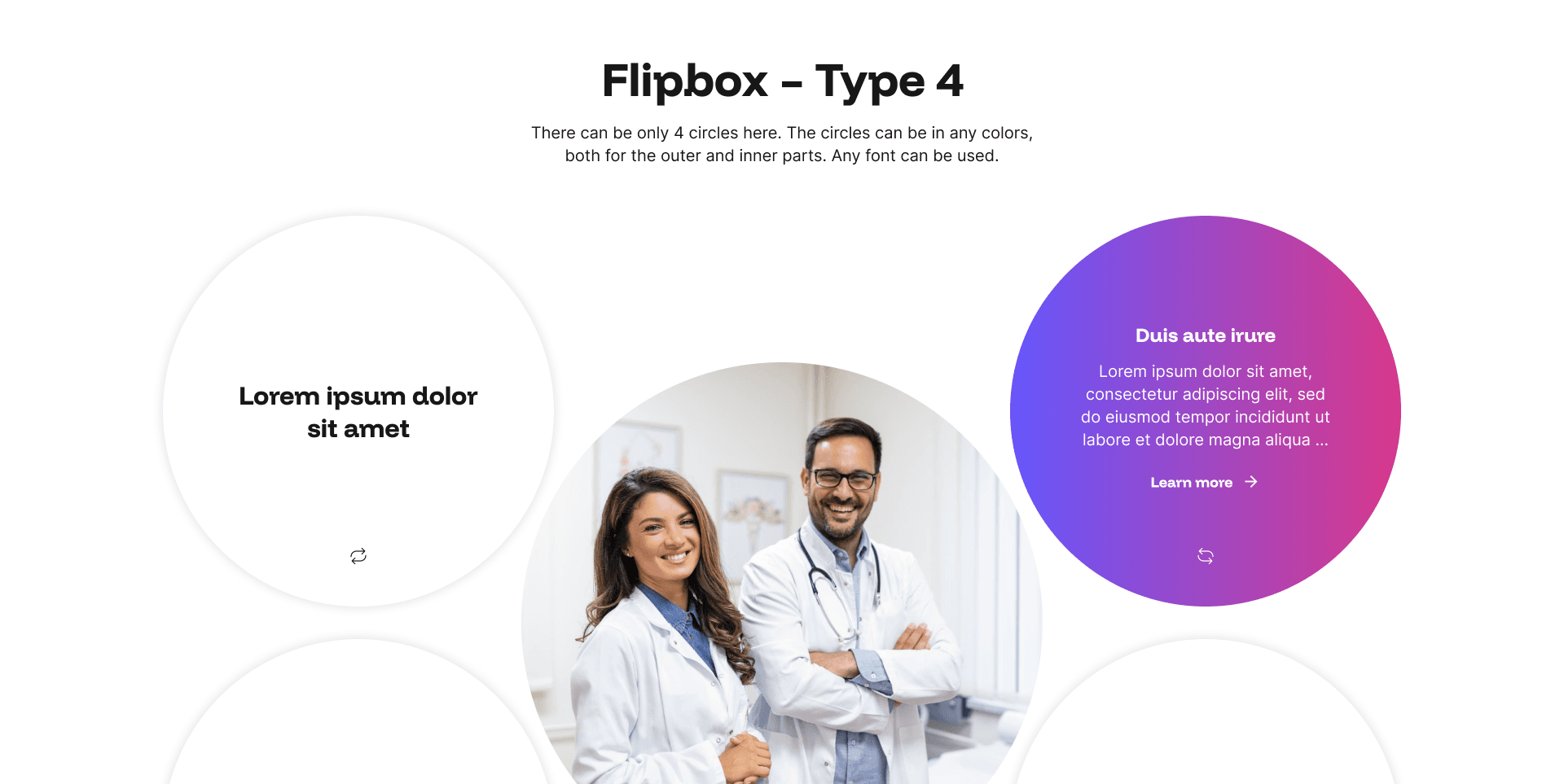 "Flipbox - Type 4" example page (four-circle variant) with a doctors photo circle