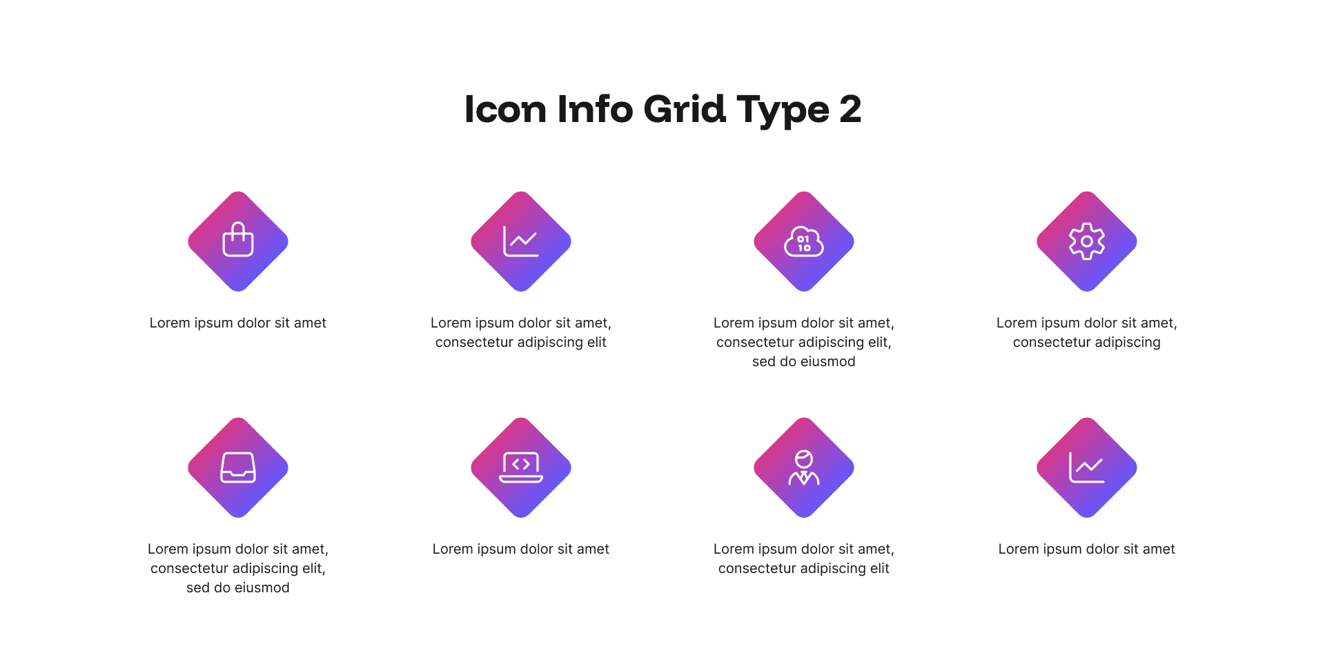 "Icon Info Grid Type 2" example page: 8-item grid of diamond-shaped gradient icons