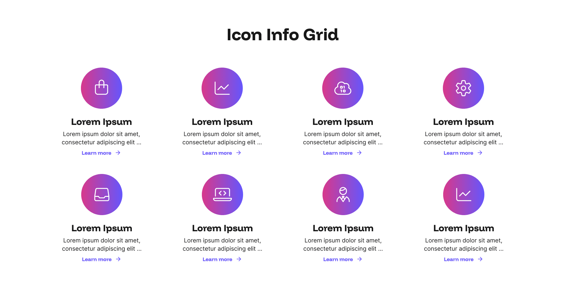 "Icon Info Grid" example page: 8-item grid of circular gradient icons with title and Learn more links