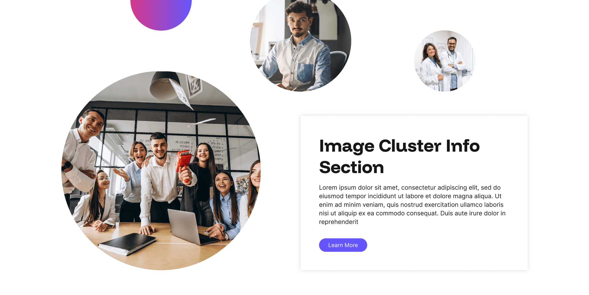"Image Cluster Info Section" example page: circular photo collage beside a heading and body text