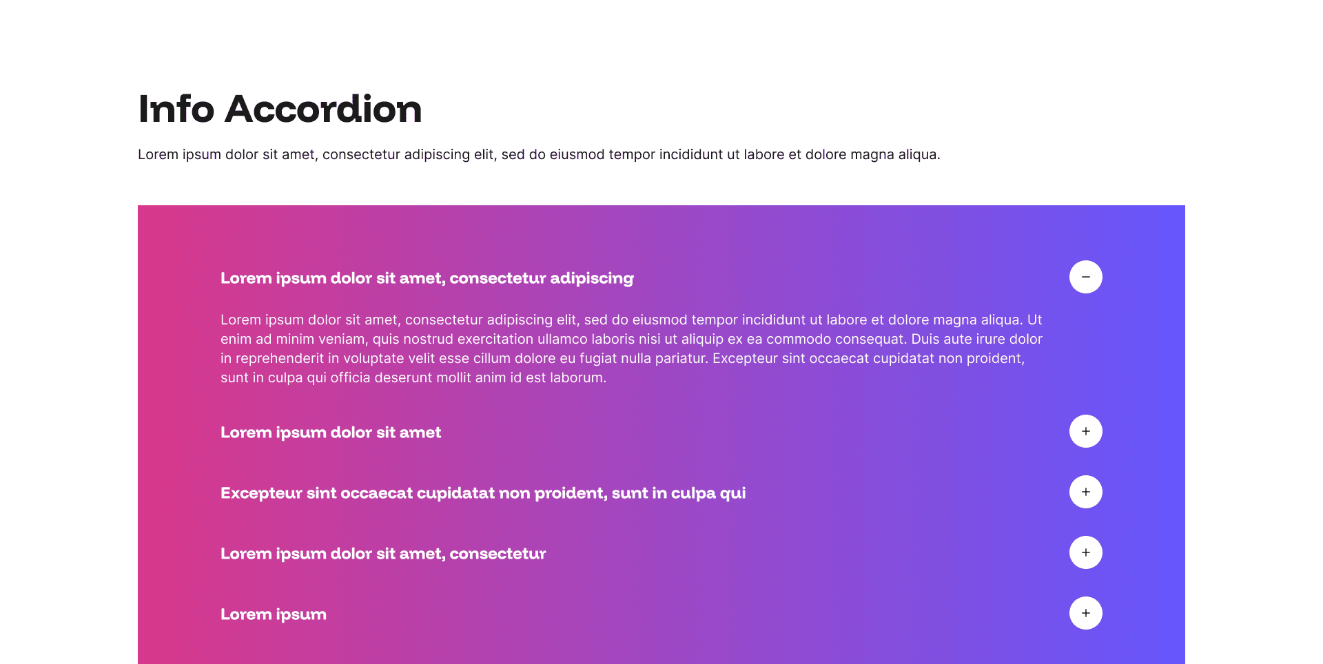 "Info Accordion" example page: gradient accordion panel with one question expanded