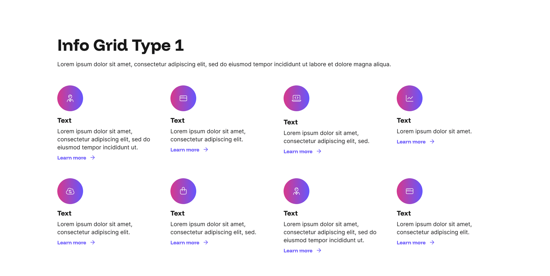 "Info Grid Type 1" example page: 8-item grid of circular gradient icons with title and text