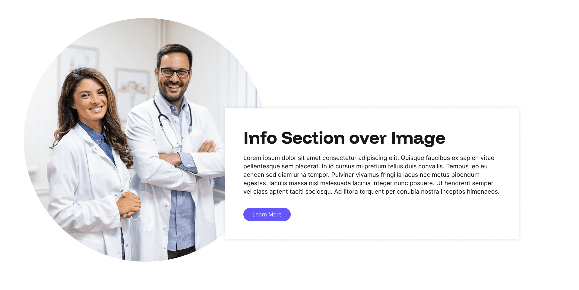 "Info Section over Image" example page: text panel beside a circular doctors photo, alternate layout