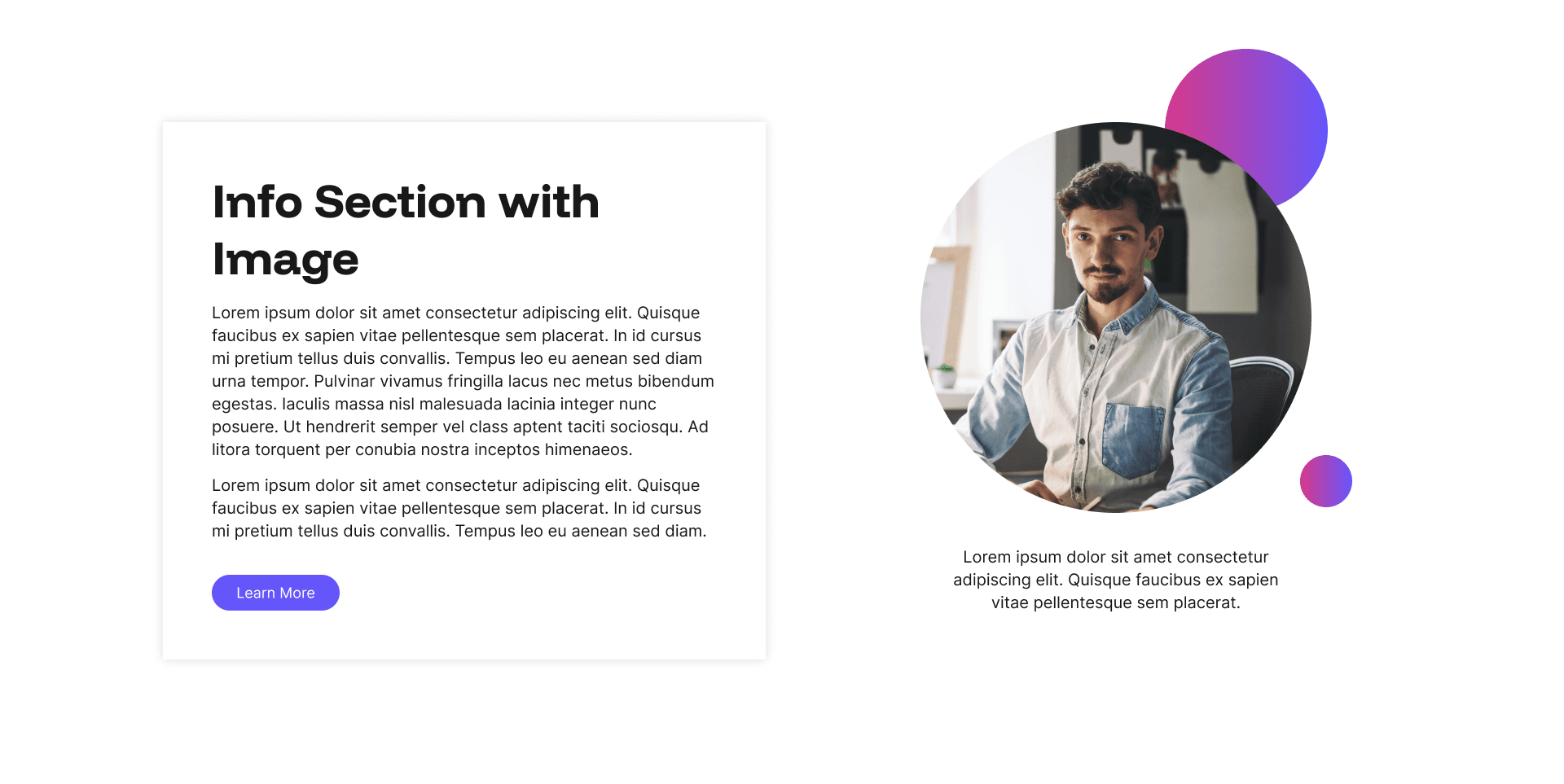 "Info Section with Image" example page: text card beside a circular photo of a man at a desk, with accent circles