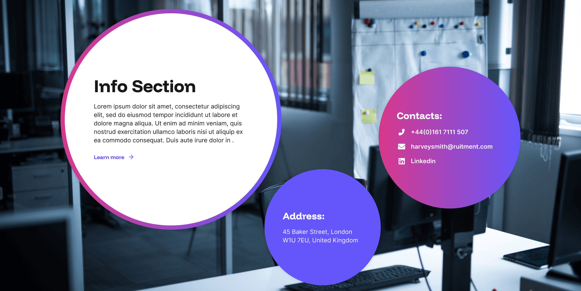 "Info Section" example page: contact and address circles over an office photo