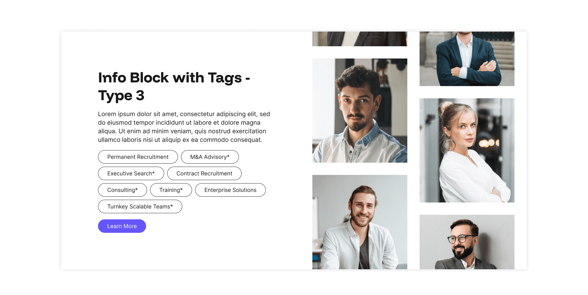 "Info Block with Tags - Type 3" example page: recruitment service tags beside a grid of headshot photos