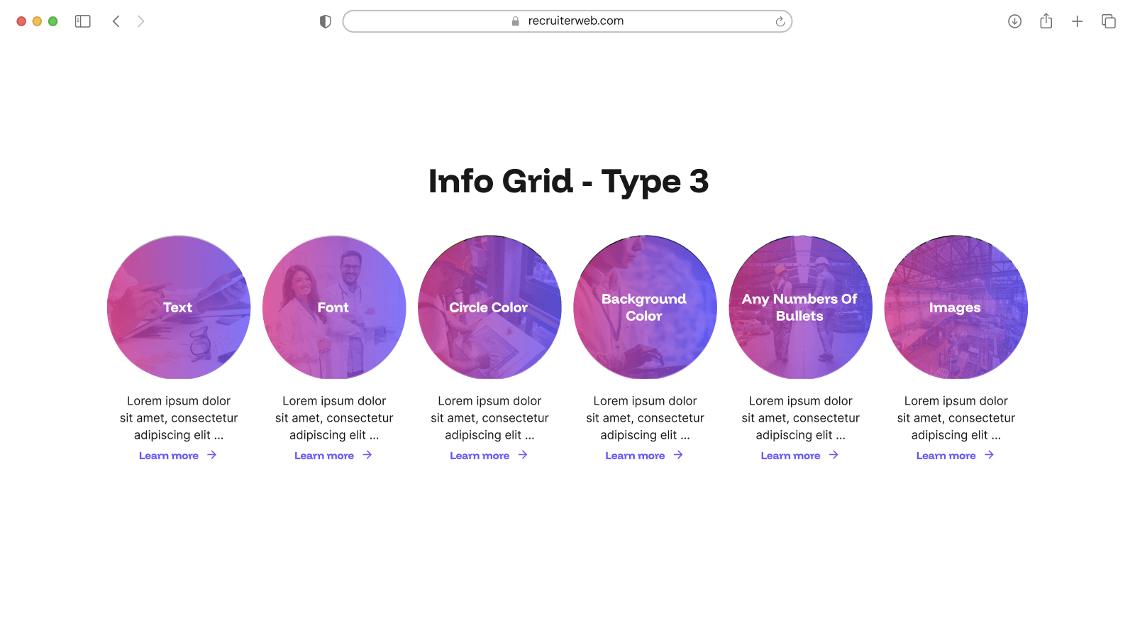 "Info Grid - Type 3" widget shown in a browser mockup, white and purple color theme