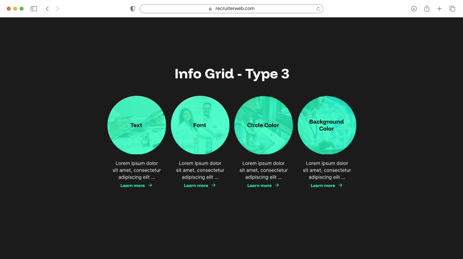 "Info Grid - Type 3" widget shown in a browser mockup, dark teal color theme