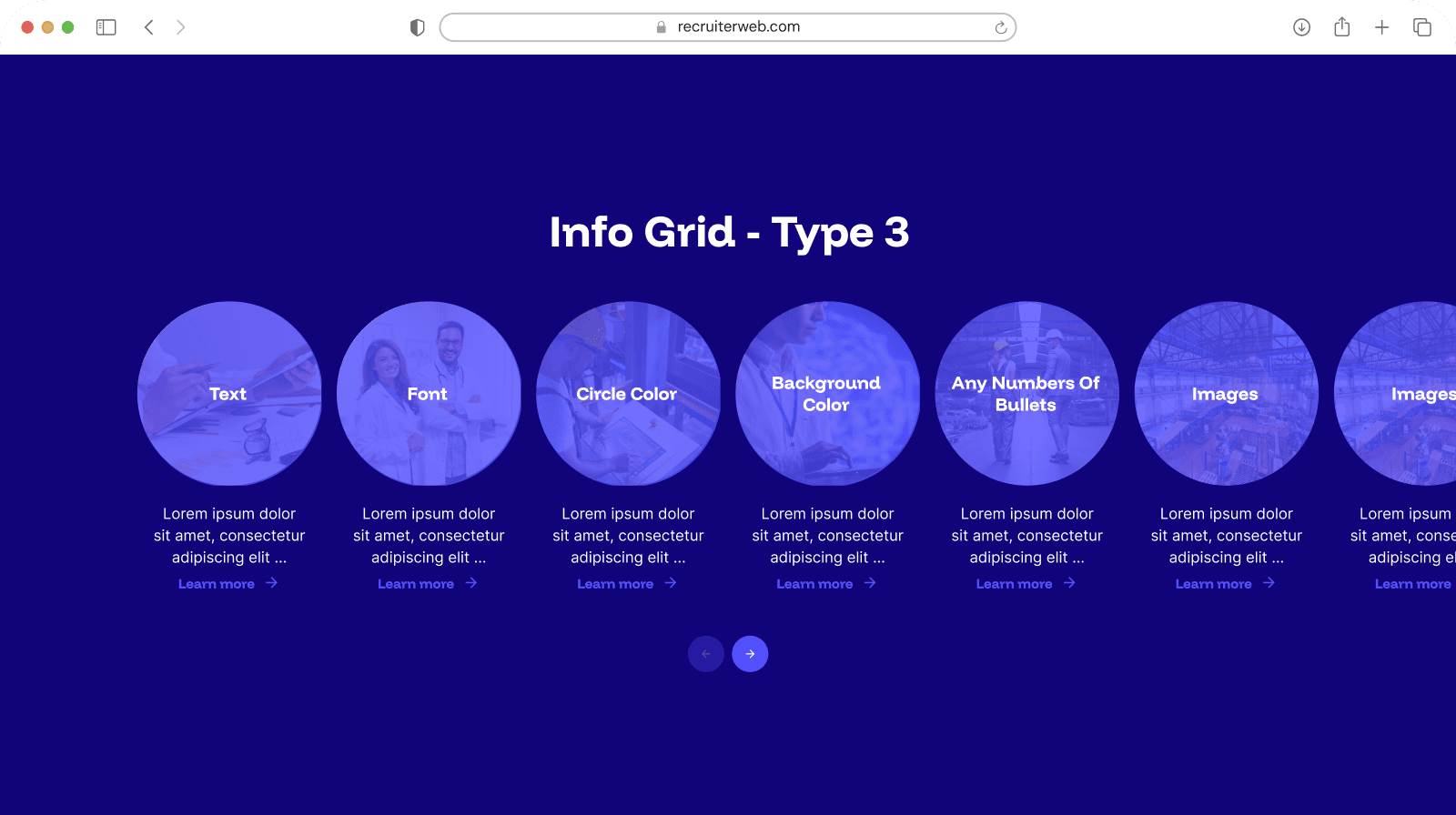 "Info Grid - Type 3" widget shown in a browser mockup, indigo color theme