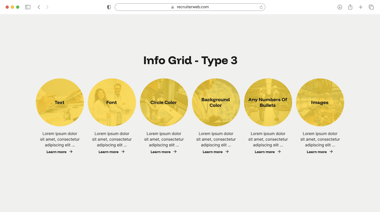 "Info Grid - Type 3" widget shown in a browser mockup, yellow color theme