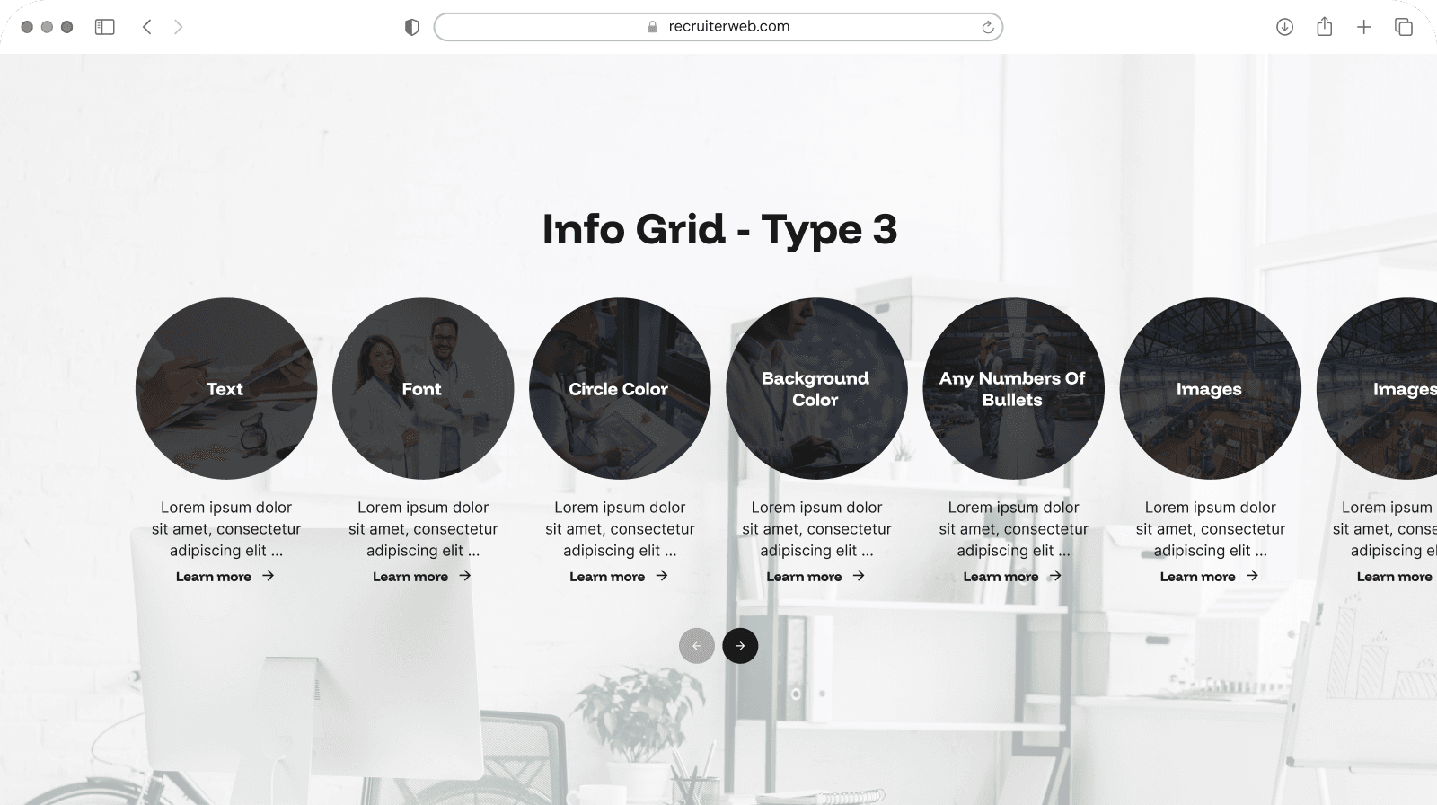 "Info Grid - Type 3" widget shown in a browser mockup over an office photo background