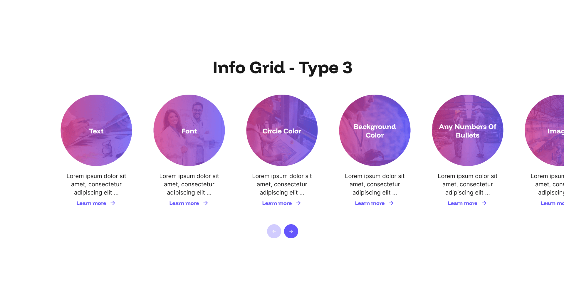 "Info Grid - Type 3" example page: carousel of labeled circles with photo backgrounds