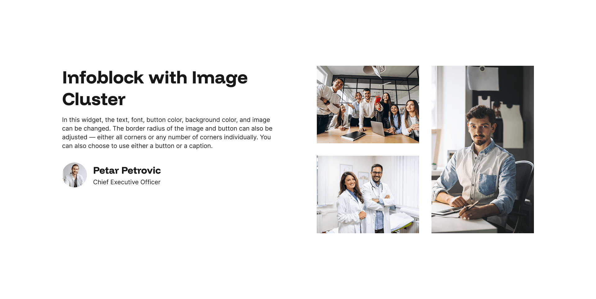 "Infoblock with Image Cluster" example page: square photo cluster beside heading, body text, and a staff bio