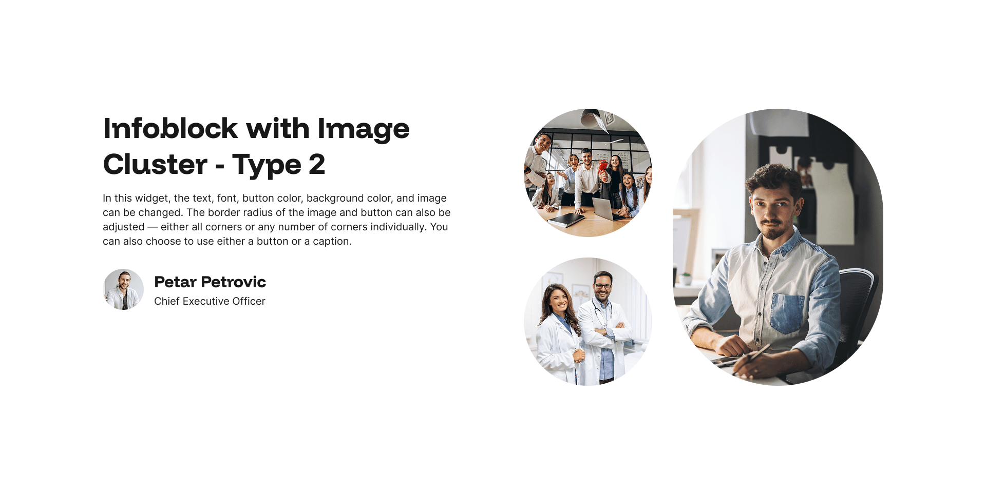 "Infoblock with Image Cluster - Type 2" example page: circular photo cluster beside heading, body text, and a staff bio