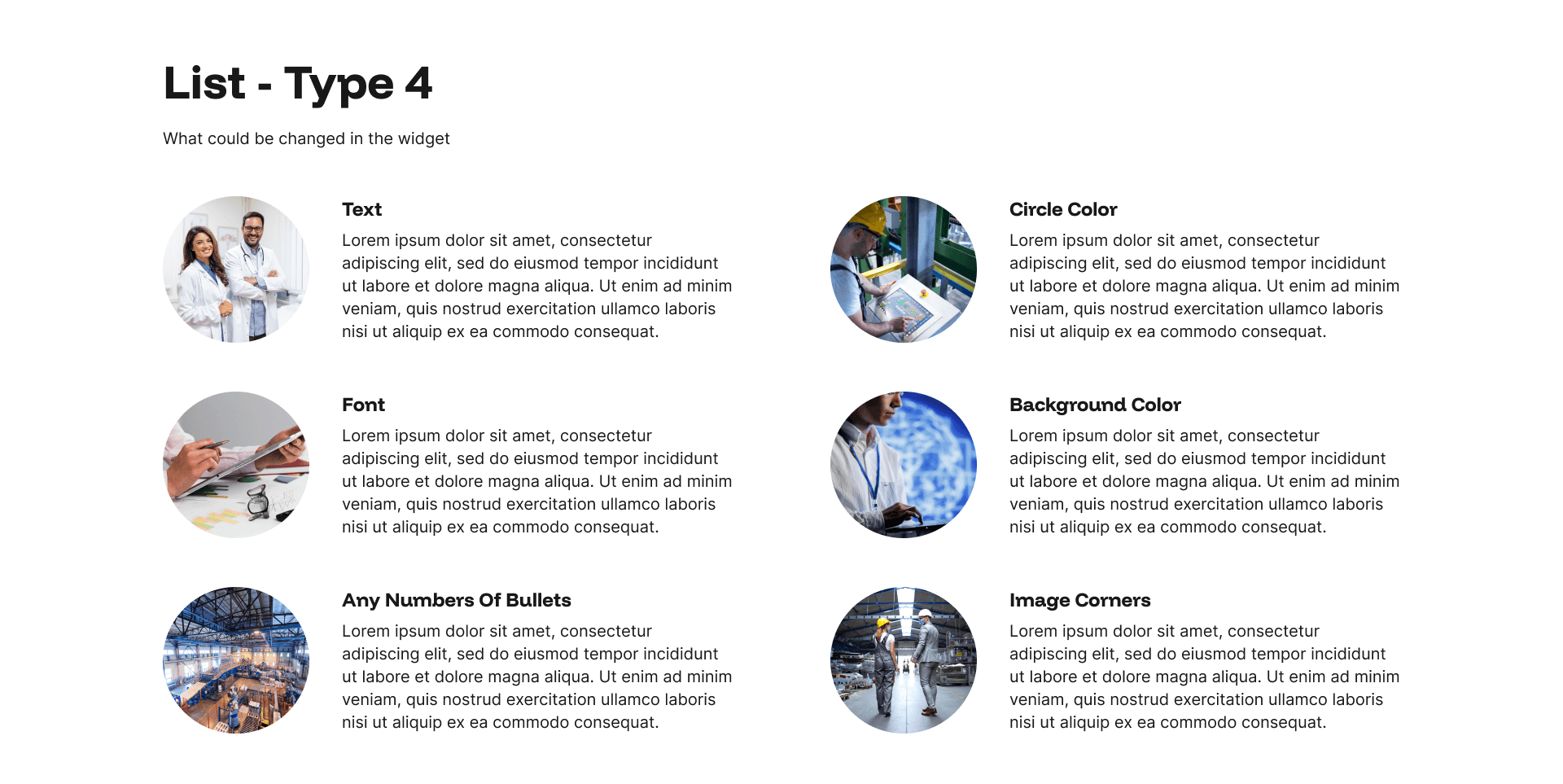 "List - Type 4" example page: six-item grid pairing circular photos with list text