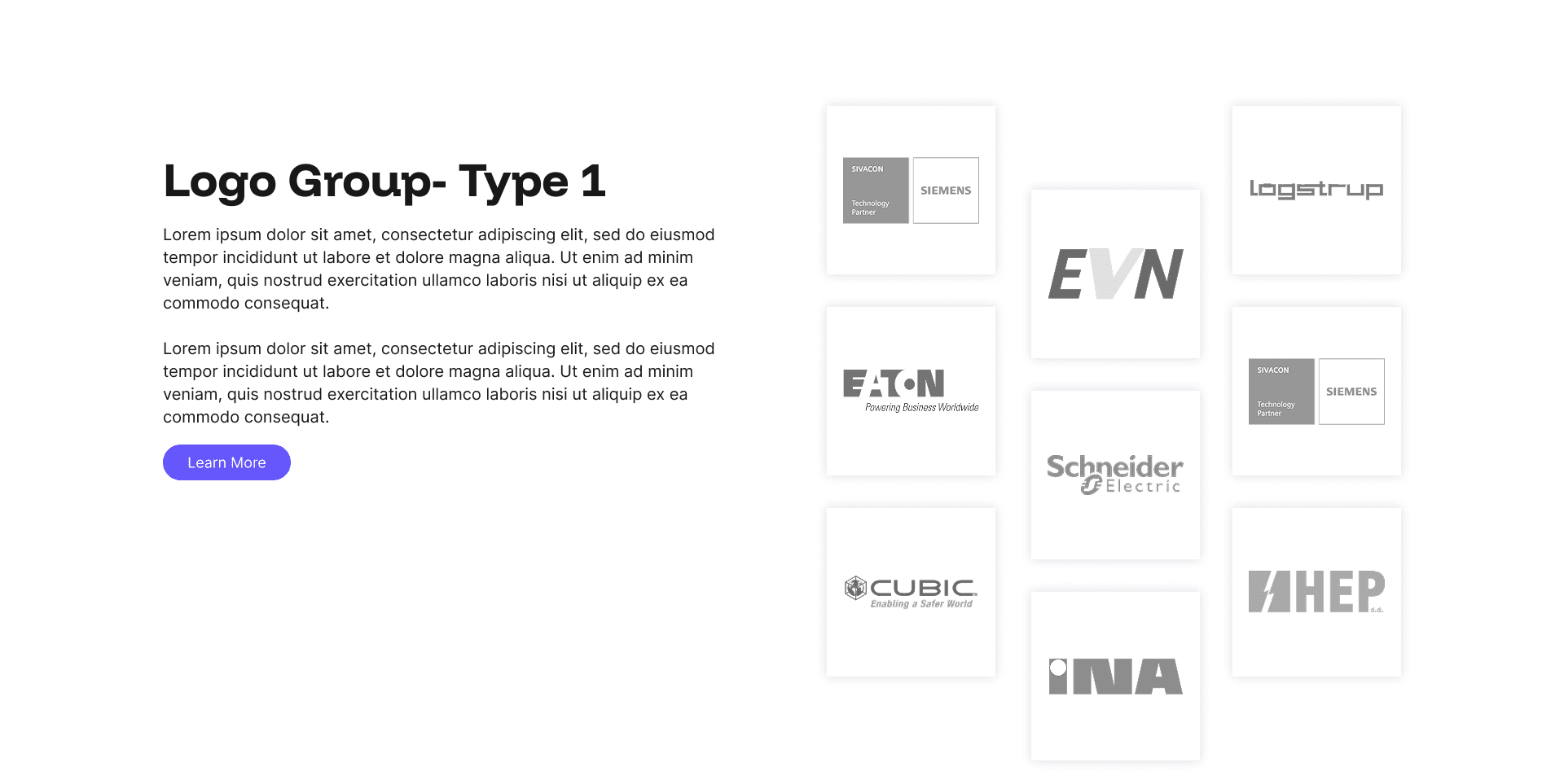 "Logo Group - Type 1" example page: grid of nine grayscale partner logos