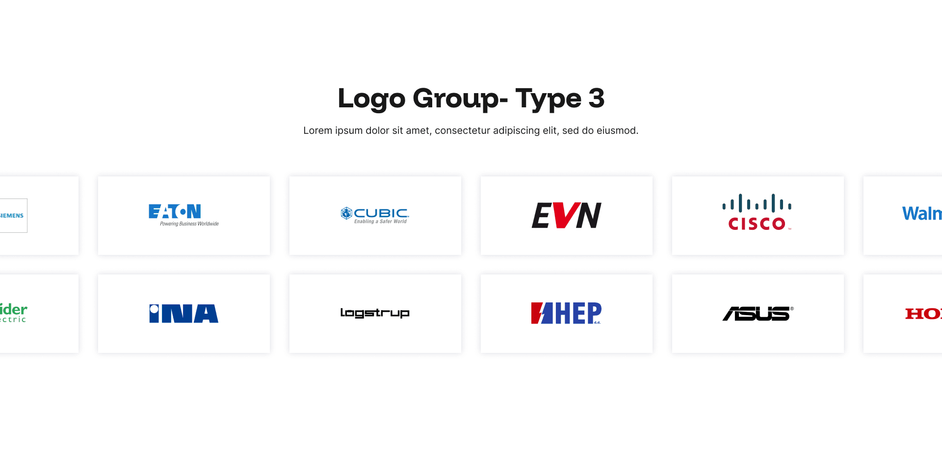 "Logo Group - Type 3" example page: scrolling row of colored partner logos