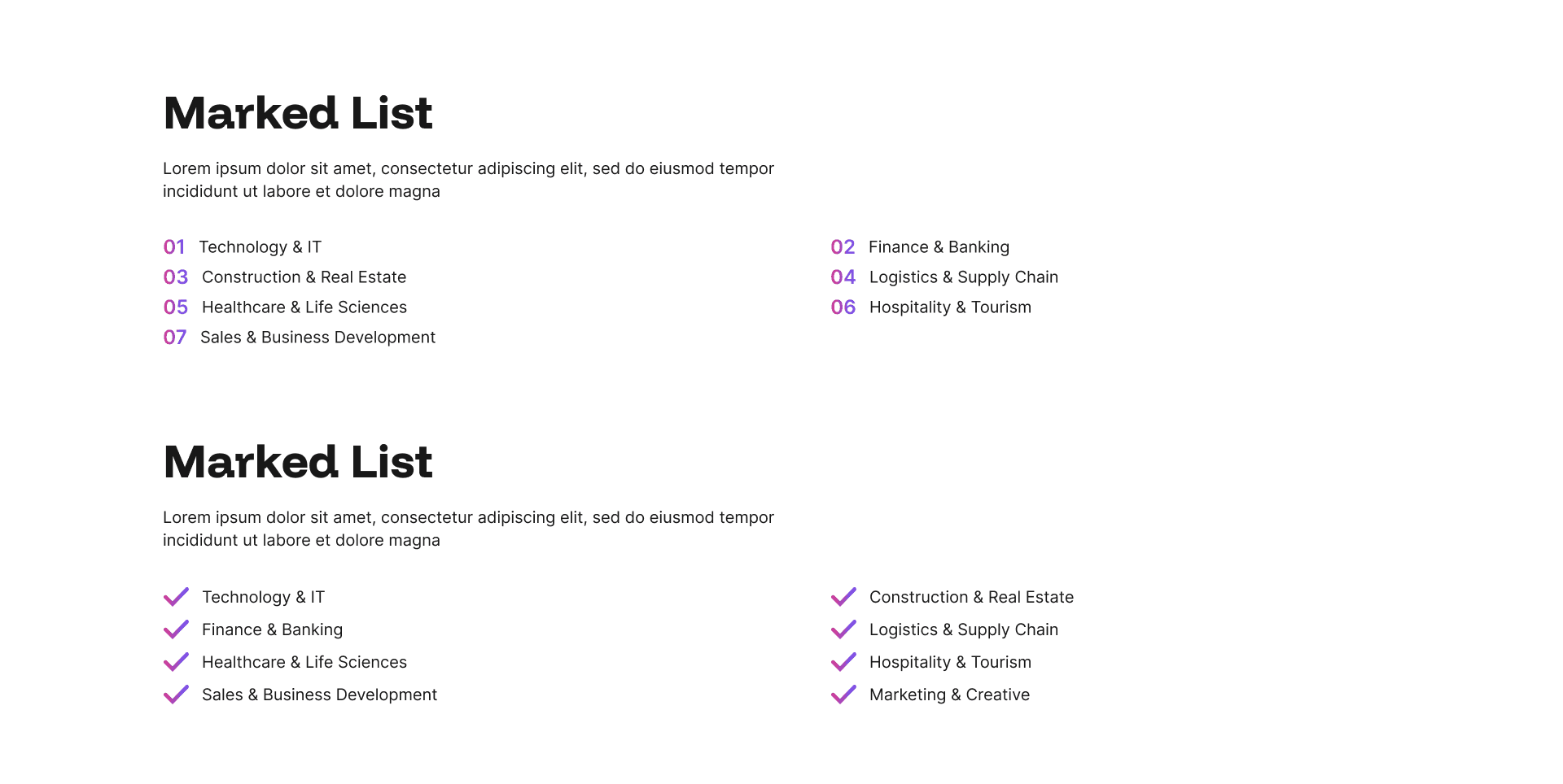 "Marked List" example page: two-column numbered and checkmarked sector lists