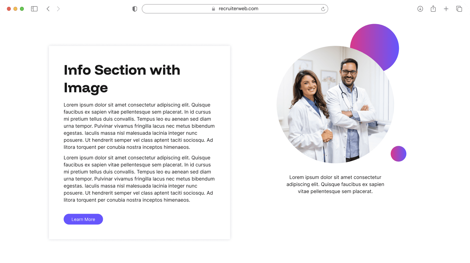 "Info Section with Image" widget shown in a browser mockup, white theme with a photo of two doctors
