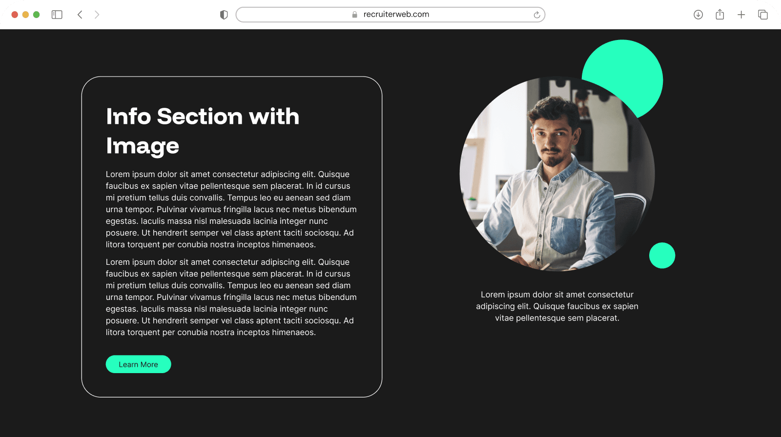 "Info Section with Image" widget shown in a browser mockup, dark theme with a photo of a man at a desk