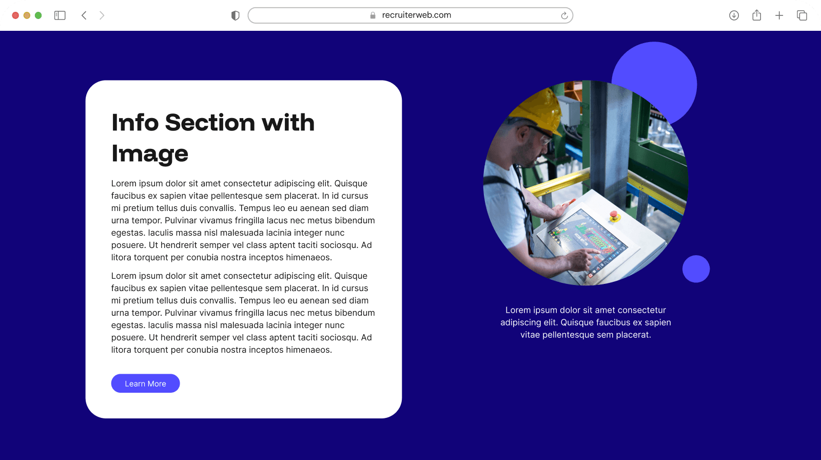 "Info Section with Image" widget shown in a browser mockup, indigo theme with a photo of a factory worker